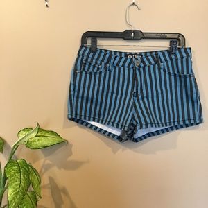 Blue and black striped jean shorts